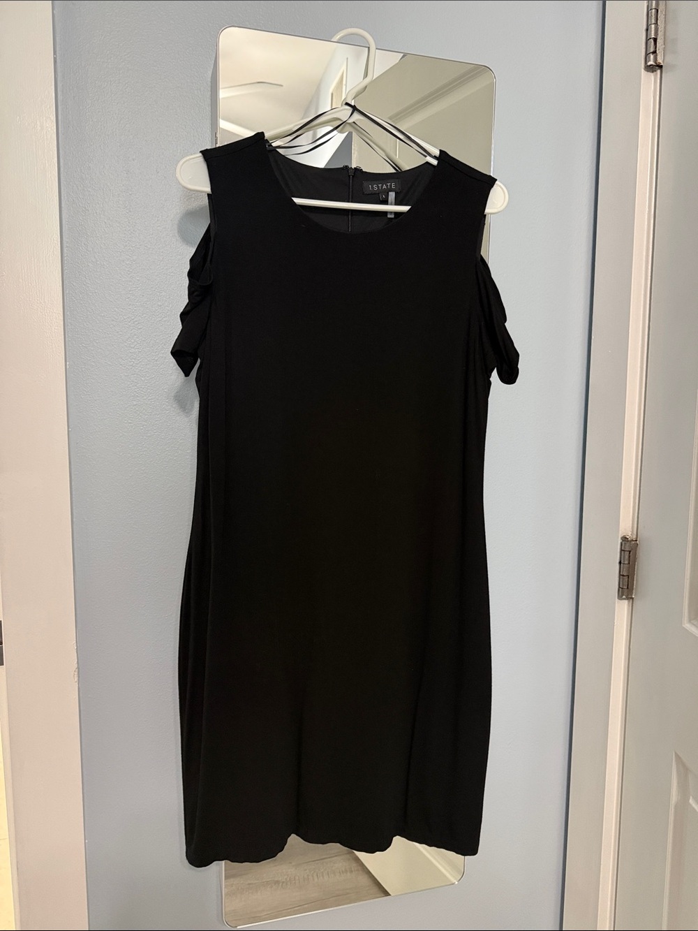 STATE Black Cold-Shoulder Shift Mini Dress with Tie Sleeves